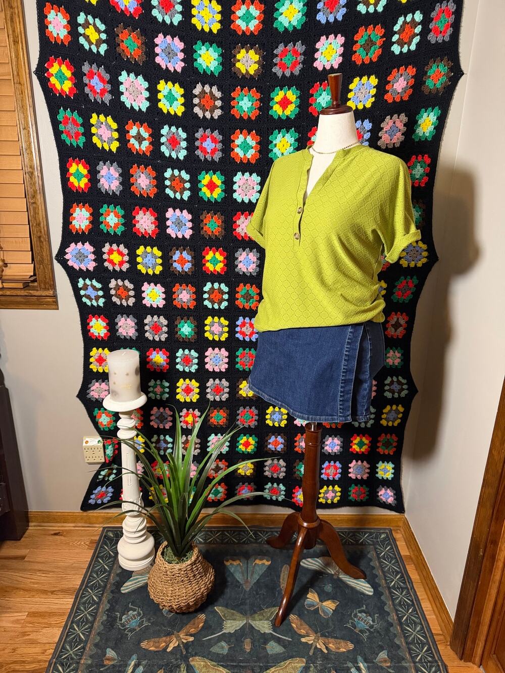 Retro Chartreuse Green Textured Henley Top Dolman Sleeve Boho Shirt